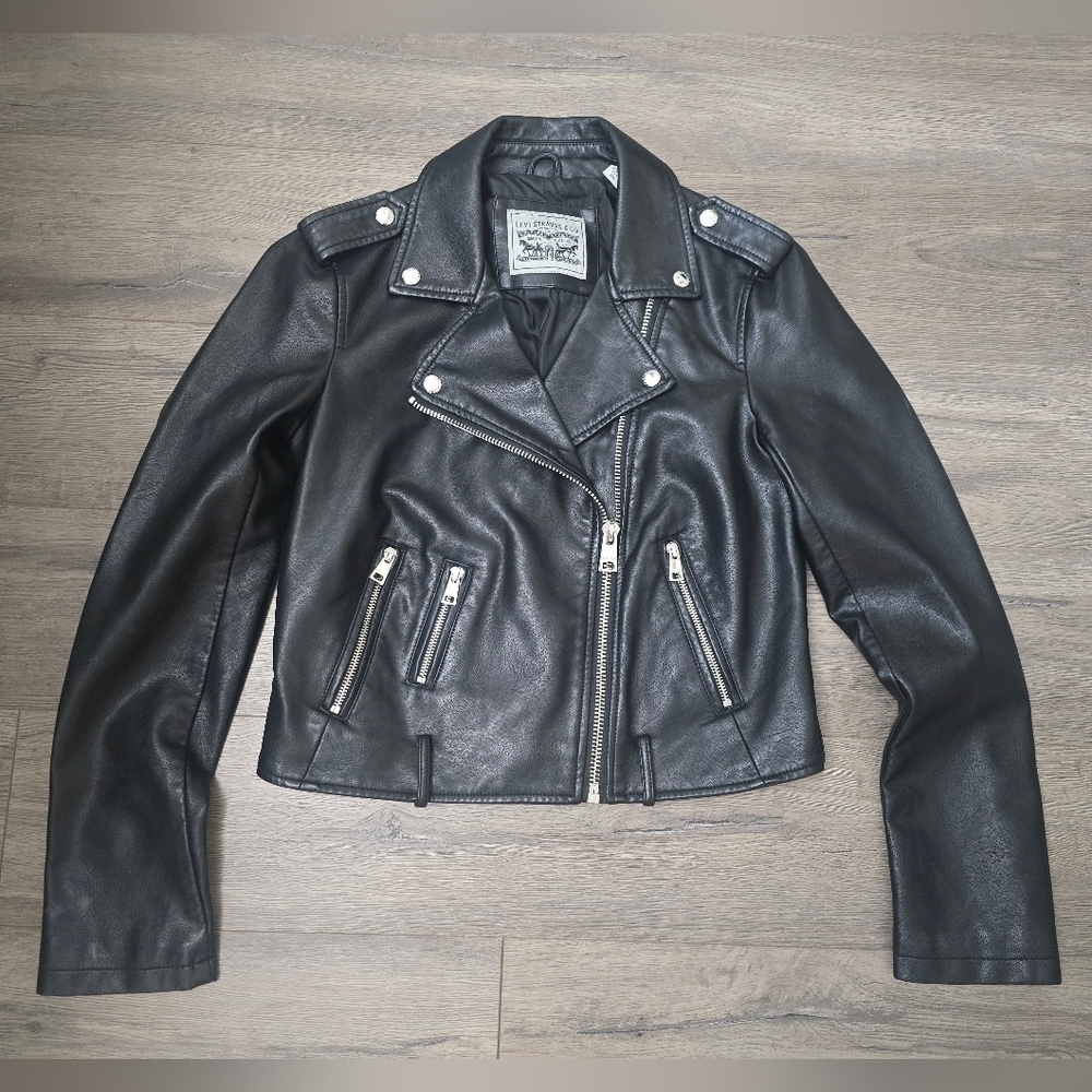 Levi's Black Faux Leather Moto Jacket Silver Harware Baddie Classic Streetwear